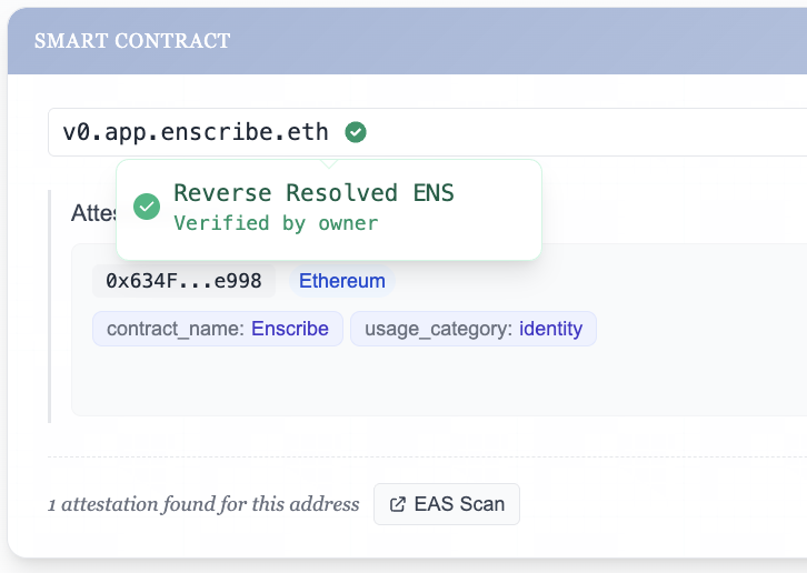 OLI Search showing green checkmark for secure reverse-resolved ENS names